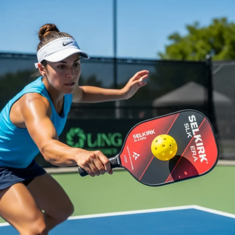 Female player using an ERA Pickleball paddle by Selkirk for a drive shot on an outdoor court