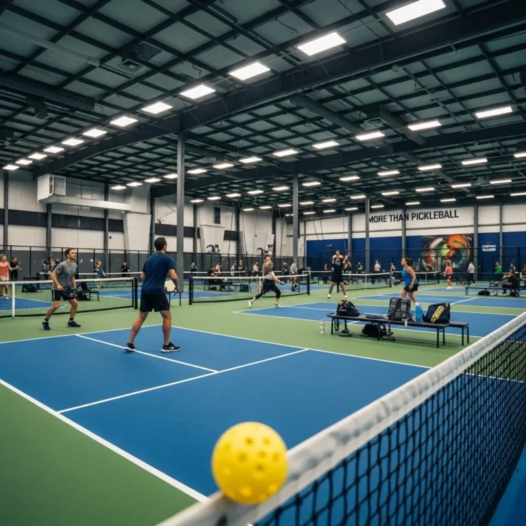 Wide interior view of the more than pickleball facility in Buford, GA, featuring multiple indoor courts and players competing in the 2026 tournament