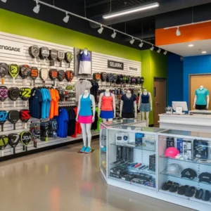 Professional pickleball pro shop featuring Selkirk and Engage paddles displayed on a wooden slat wall, with mannequins wearing blue and pink athletic apparel, and a glass display case holding balls and hats.