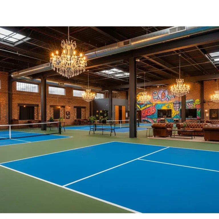 Lucky Shots Pickleball Club interior featuring crystal chandeliers, industrial brick walls with murals, and professional indoor courts