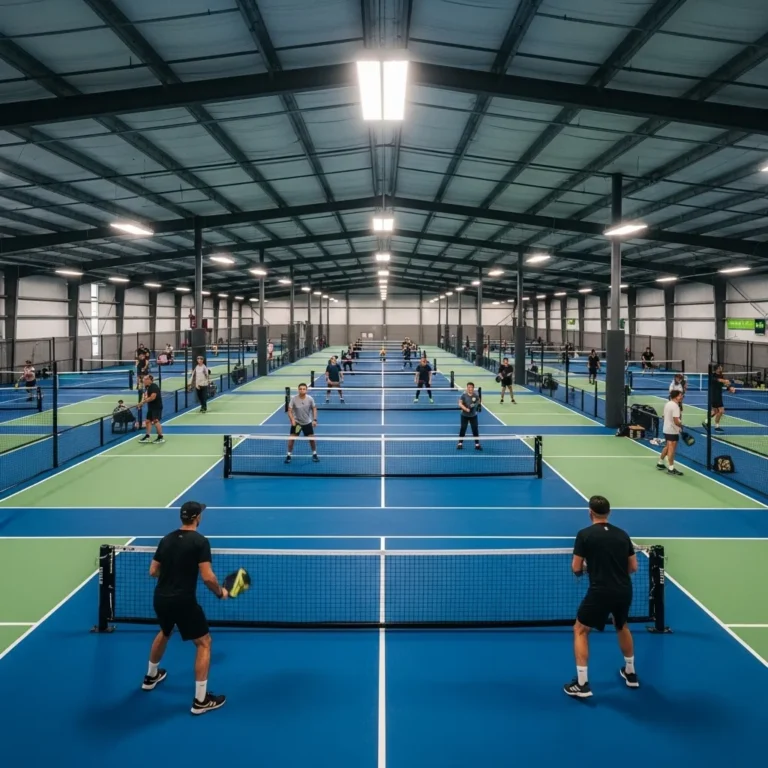 Epic Pickleball Club indoor facility featuring professional blue and green cushioned pickleball courts with high ceilings and LED lighting.