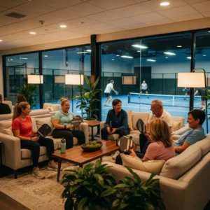 Players socializing at The Hub Silicon Valley lounge The lounge area creates a strong community vibe