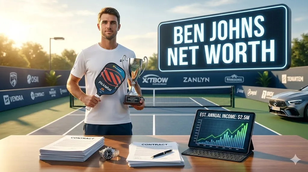 Ben Johns standing on a pickleball court with a trophy and contracts, next to a display showing his estimated $2.5 million annual income, illustrating the analysis of Ben Johns net worth.