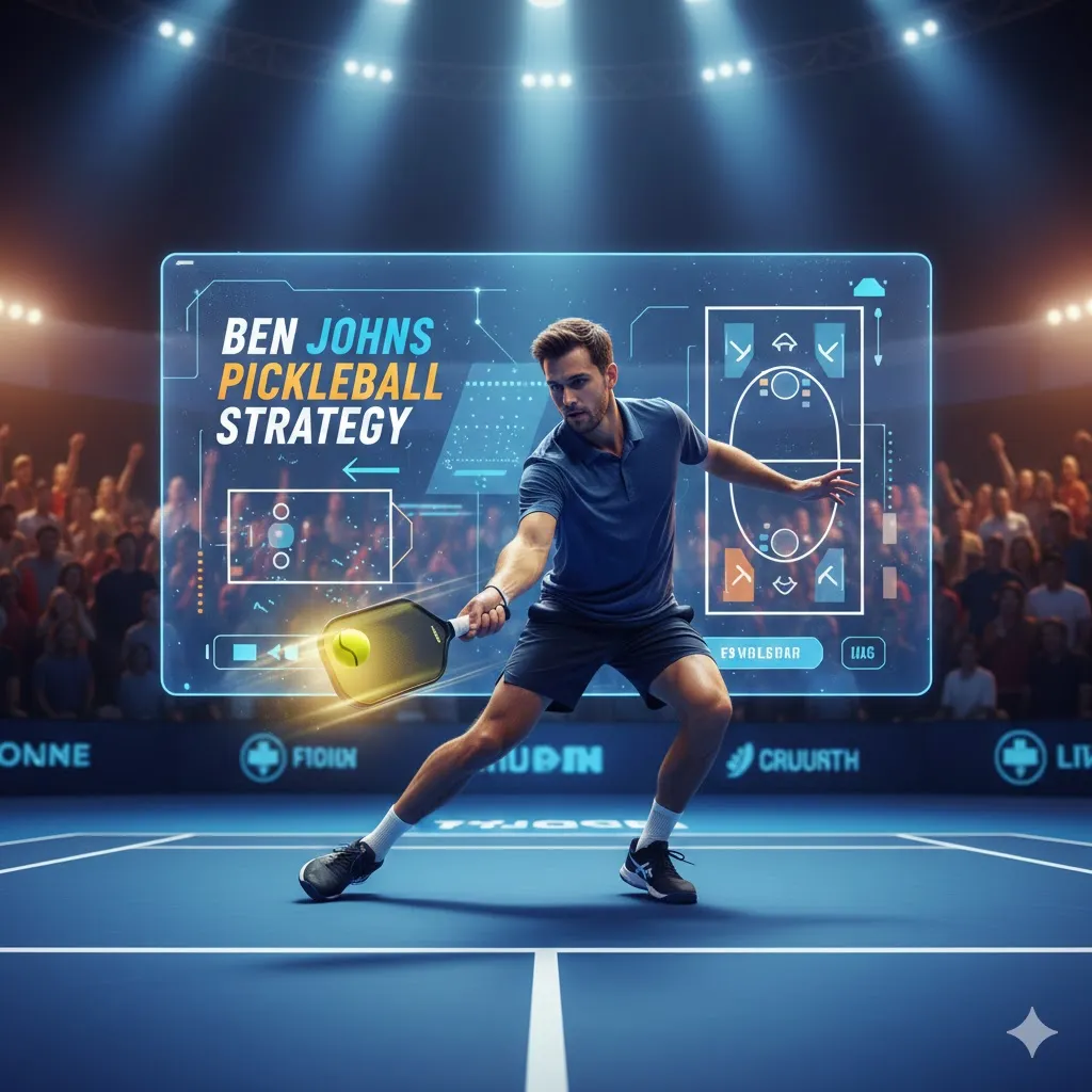 A professional player demonstrating the Ben Johns pickleball strategy on a blue court with a digital tactical overlay showing court positioning and shot selection.