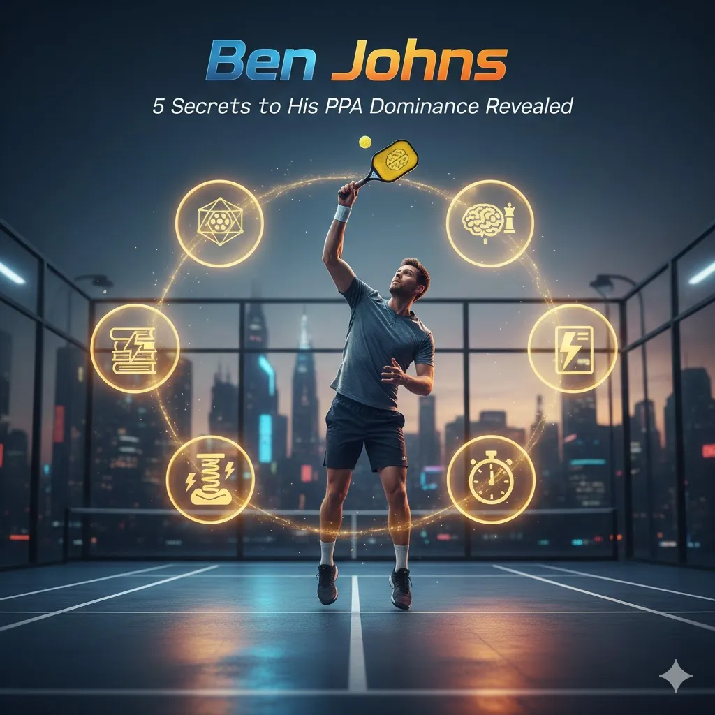 Ben Johns playing pickleball on a professional court, illustrating the technical strategy and secrets behind his PPA Tour dominance.