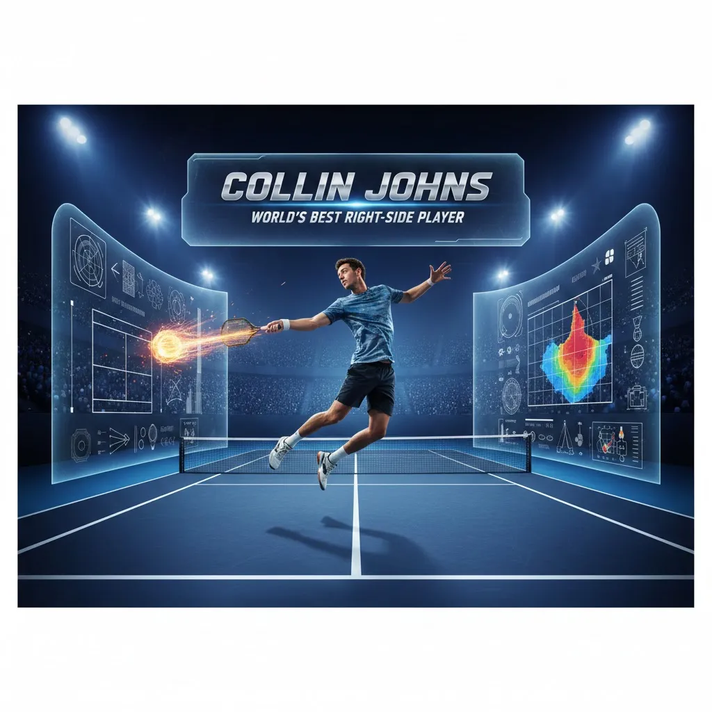 Professional pickleball player Collin Johns performing a strategic mid-air reset shot on a futuristic court, showcasing his elite playing style and right-side dominance.