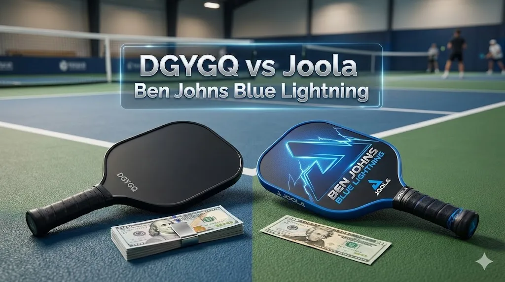 Side-by-side comparison of the DGYGQ vs Joola Ben Johns Blue Lightning pickleball paddles on a court surface showing the price value difference between the pro and budget options