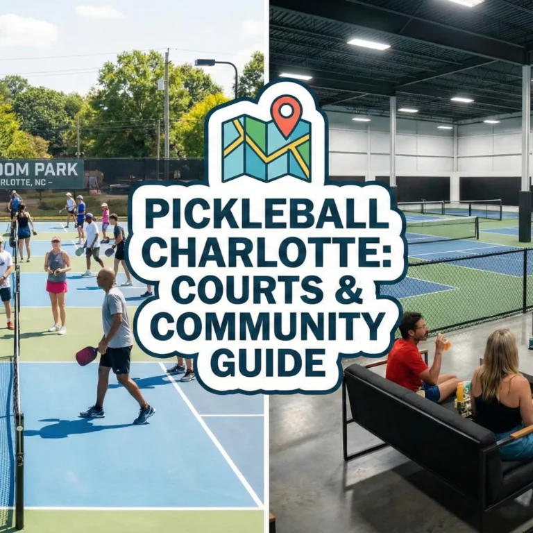 Split image showing outdoor play at Freedom Park versus indoor social lounge at Rally, illustrating the ultimate guide to pickleball Charlotte courts and community.