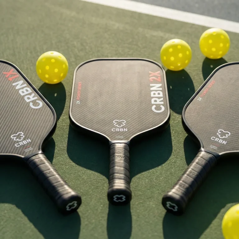 Three Power Series models showing the elongated 1X, square 2X, and hybrid 3X crbn pickleball paddle lying on a green court surface with yellow balls.