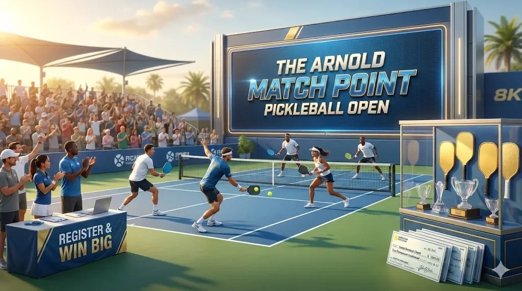 The Arnold Match Point Pickleball Open tournament court featuring doubles players competing, displayed championship trophies, and a register and win big banner.