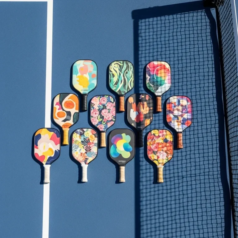 Friday pickleball paddles collection on blue court showing colorful floral and abstract designs for the 2 for $99 bundle deal