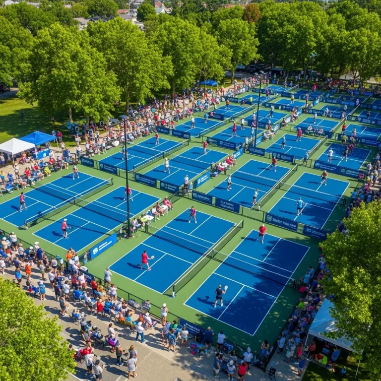Aerial view of the Chatham Strong Pickleball tournament at Community Park, featuring 16 blue hardcourts filled with players and spectators supporting the charity event.
