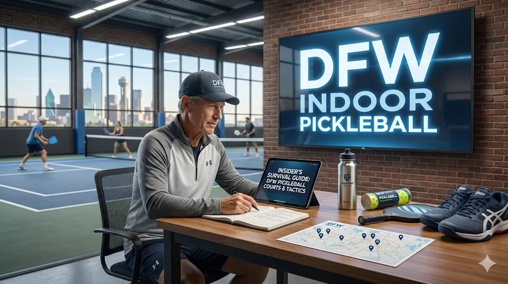 A serious player consulting a dfw indoor pickleball survival guide on a tablet next to court shoes and a map of Dallas facilities.