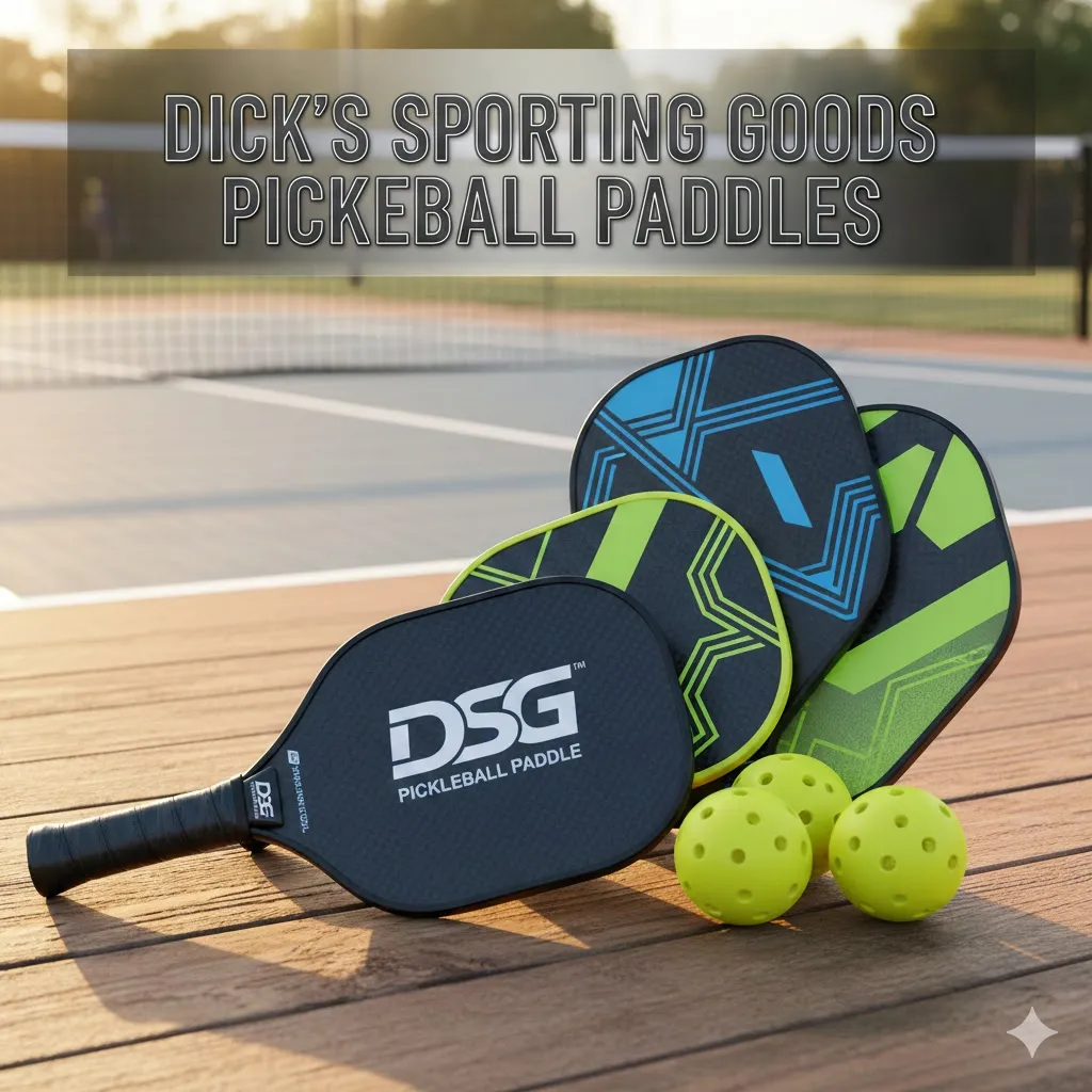 A variety of colorful dick's sporting goods pickleball paddles and yellow balls arranged on a professional outdoor court during sunset.