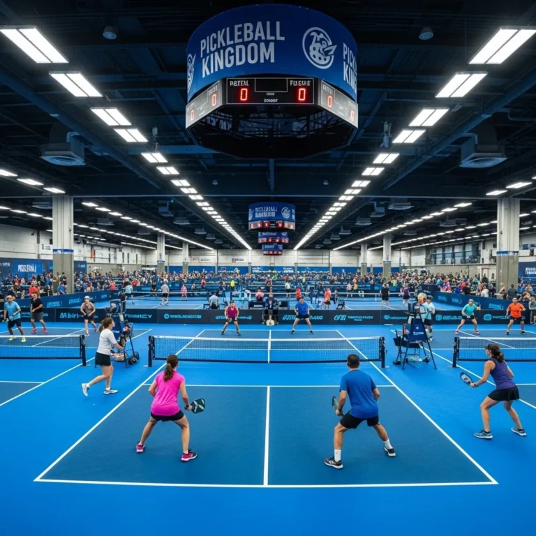 Liveball tournament players competing on indoor blue hardcourts at Pickleball Kingdom facility.