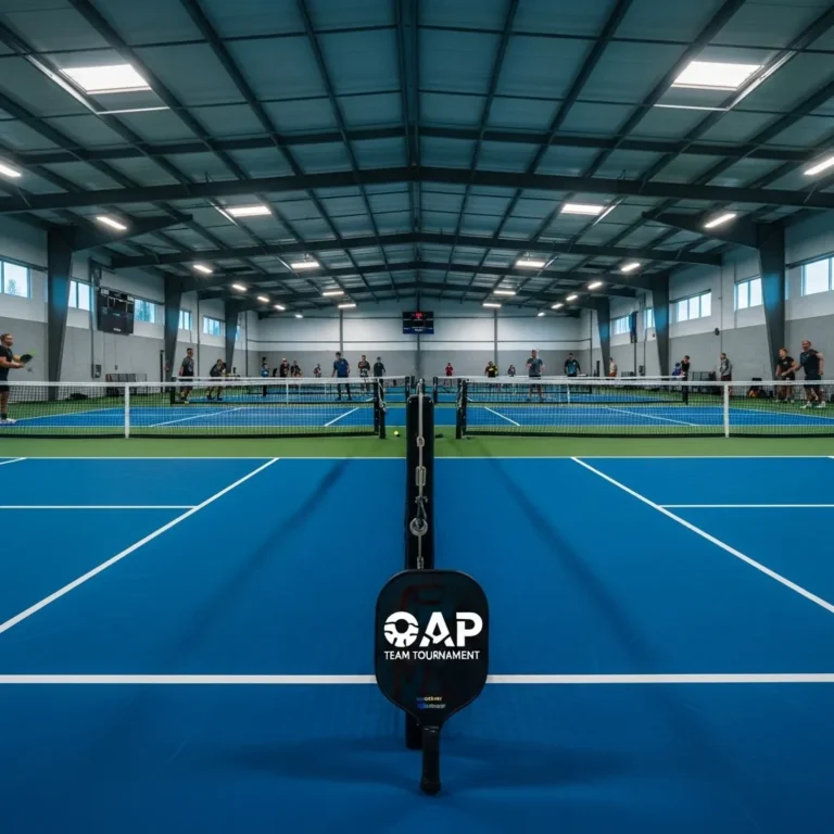 Indoor pickleball courts at Orlando Racket Sports featuring the official OAP Team Tournament branded paddle in the foreground.