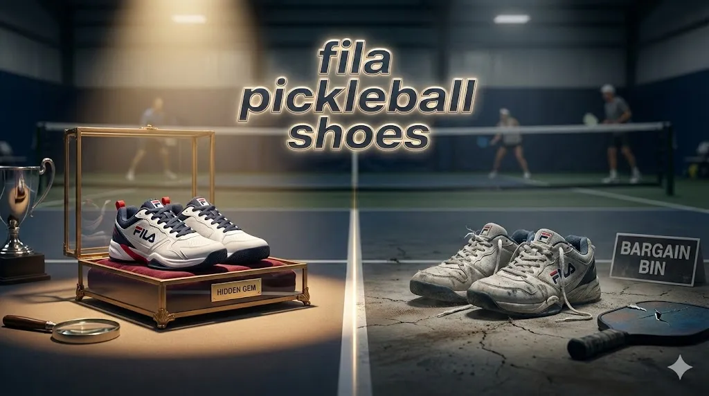 Fila pickleball shoes review concept comparison showing new Volley Zone model displayed as a hidden gem versus worn out bargain bin sneakers