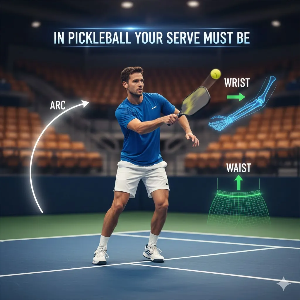 A professional player demonstrating a legal pickleball serve with highlighted indicators for upward arc, wrist position below the paddle head, and contact below the waist, showing exactly how in pickleball your serve must be executed.