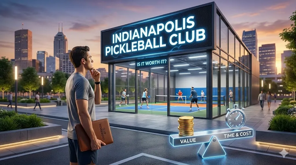 A prospective player standing outside the Indianapolis Pickleball Club evaluating the membership value versus cost on a digital scale