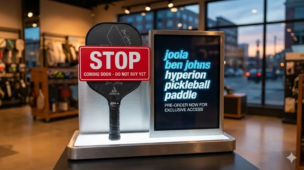 Joola Ben Johns Hyperion Pickleball Paddle display with a stop sign warning buyers to read the full review before purchasing
