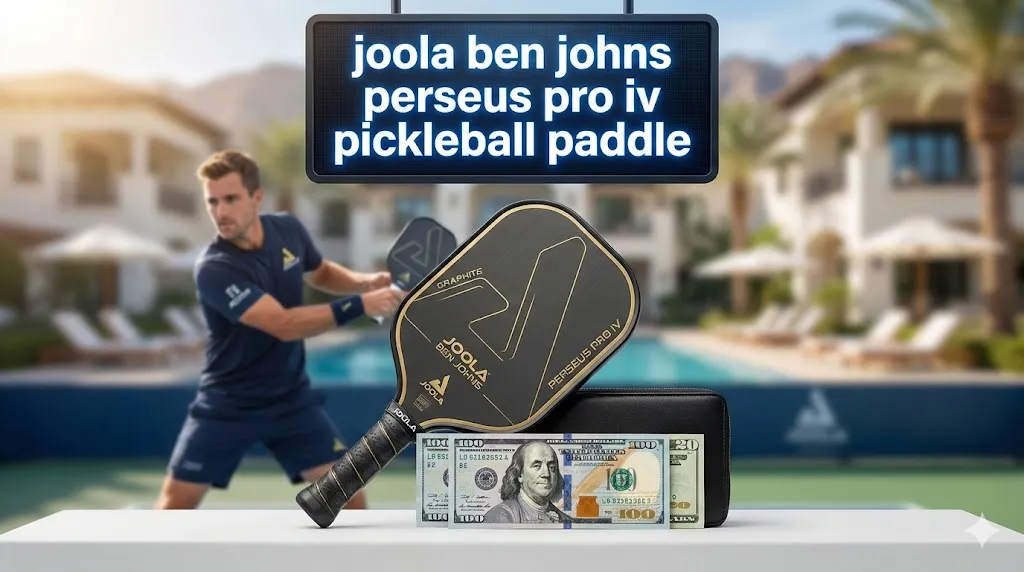 JOOLA Ben Johns Perseus Pro IV pickleball paddle displayed next to dollar bills on a court, representing the price and value review of the Gen 3 successor