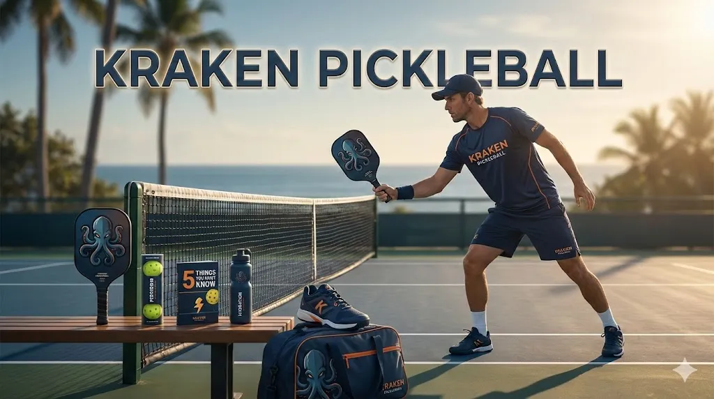 Male pickleball player on a court next to equipment and a guide book, illustrating the top 5 things to know before playing at Kraken Pickleball DC.