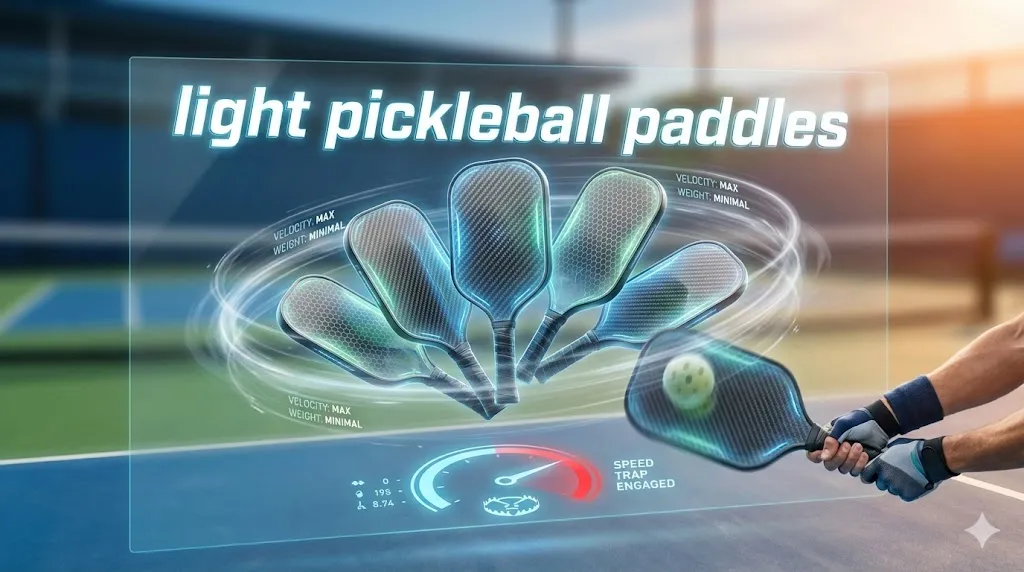 Futuristic technical analysis of light pickleball paddles showing velocity and weight mechanics with a speed trap indicator