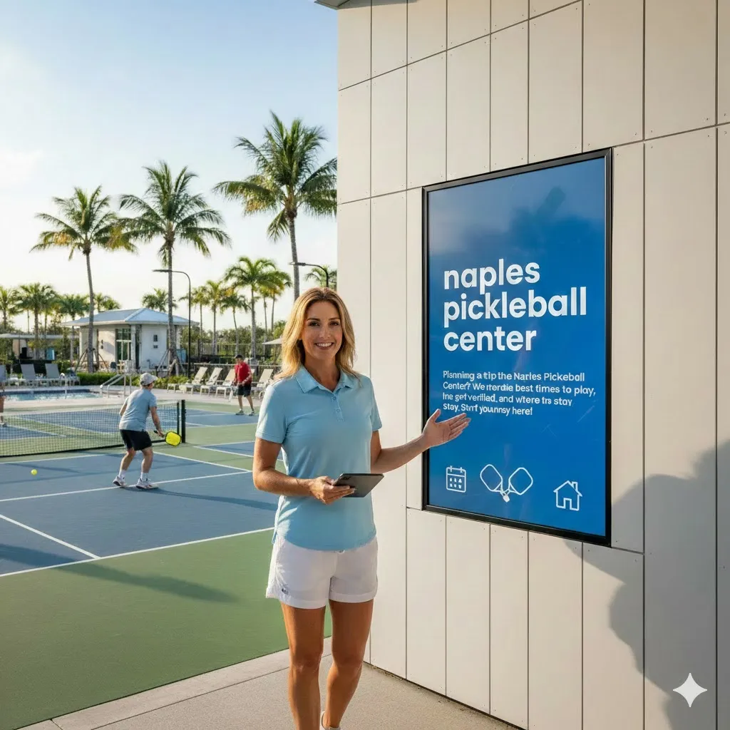 A professional female player standing in front of a blue informational sign at the Naples Pickleball Center outdoor courts during a sunny day.