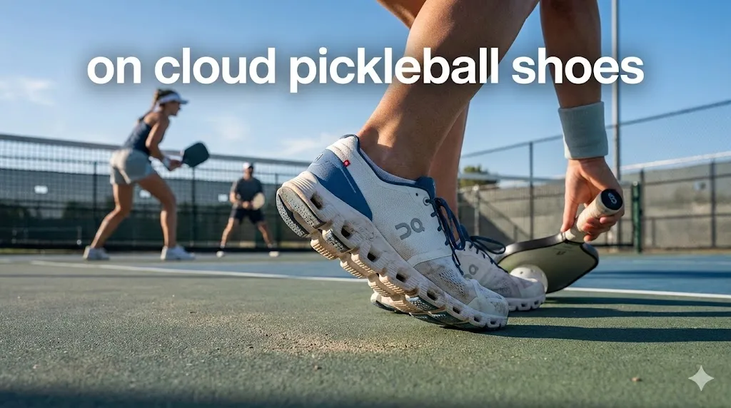 Close up low angle action shot of a player wearing white On Cloud pickleball shoes on an outdoor hard court showing the CloudTec sole
