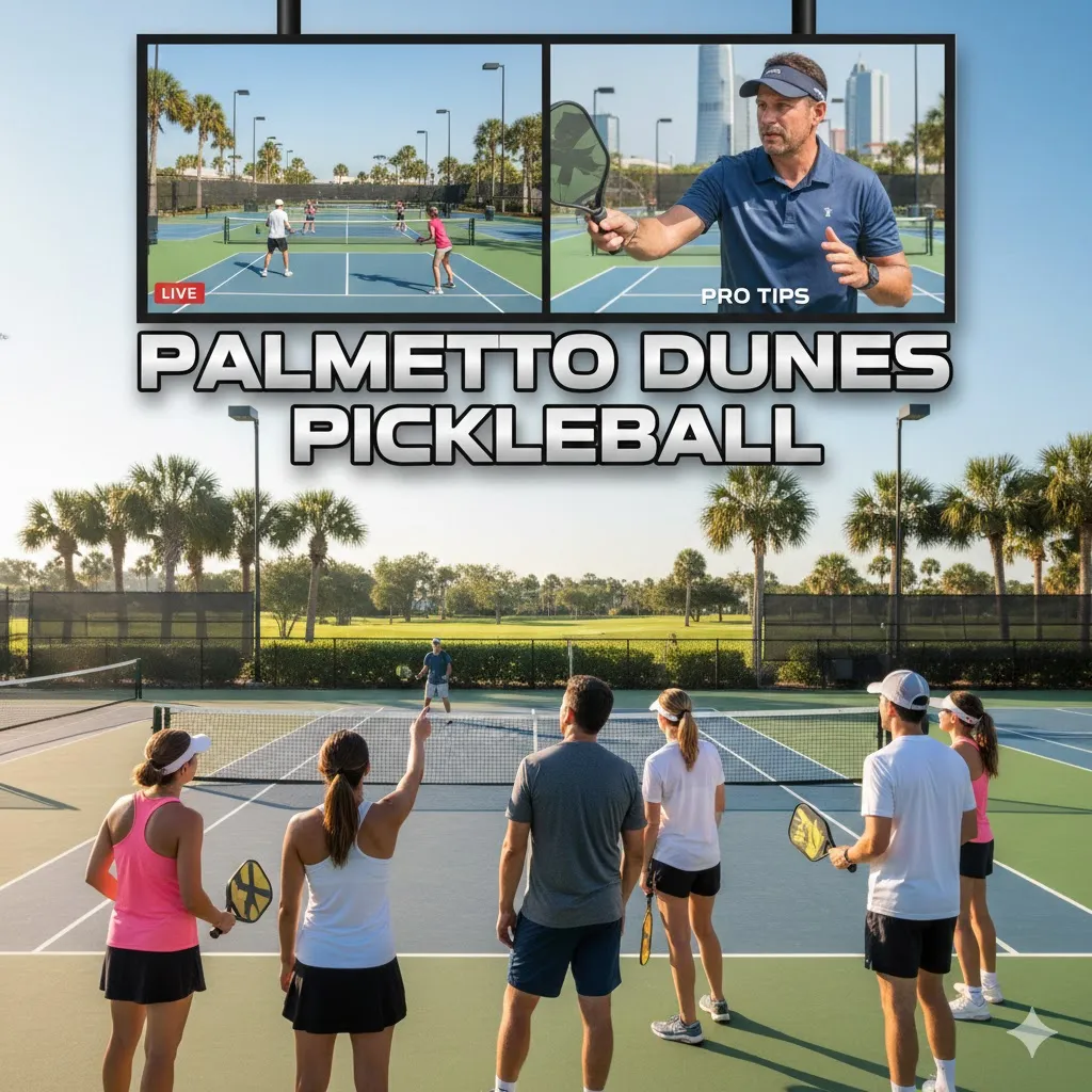 A group of players on the courts at Palmetto Dunes Pickleball center featuring a live webcam view and pro tips overlay.