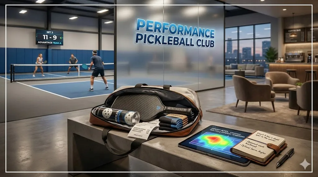 Interior view of a modern performance pickleball club featuring a pro player gear bag with a carbon fiber paddle and a notebook displaying specific court intel and strategy notes.