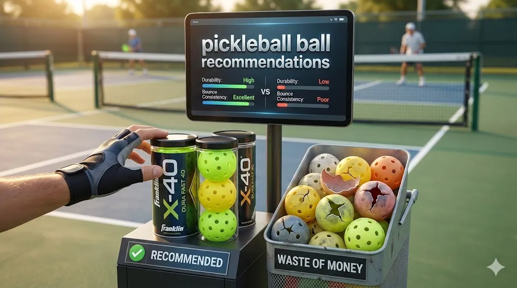 Comparison showing expert pickleball ball recommendations with high durability options versus a bin of cracked balls labeled waste of money to help players choose the right equipment.