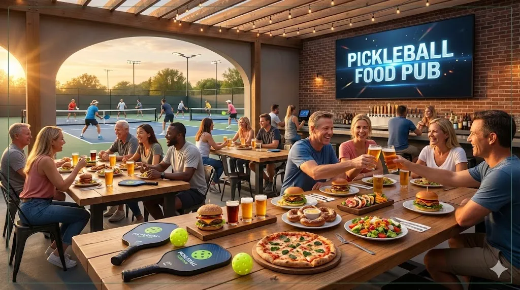 Diverse group of friends enjoying burgers, pizza, and craft beer at a lively Pickleball Food Pub with players competing on courts in the background.