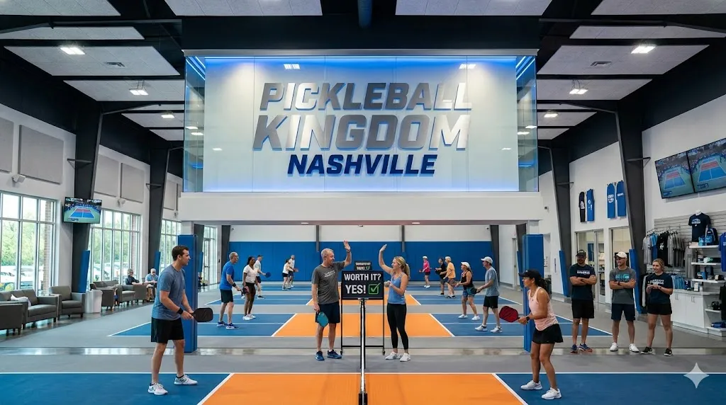Players high-fiving on the professional indoor courts at Pickleball Kingdom Nashville, highlighting the modern facility, pro shop, and glare-free lighting.