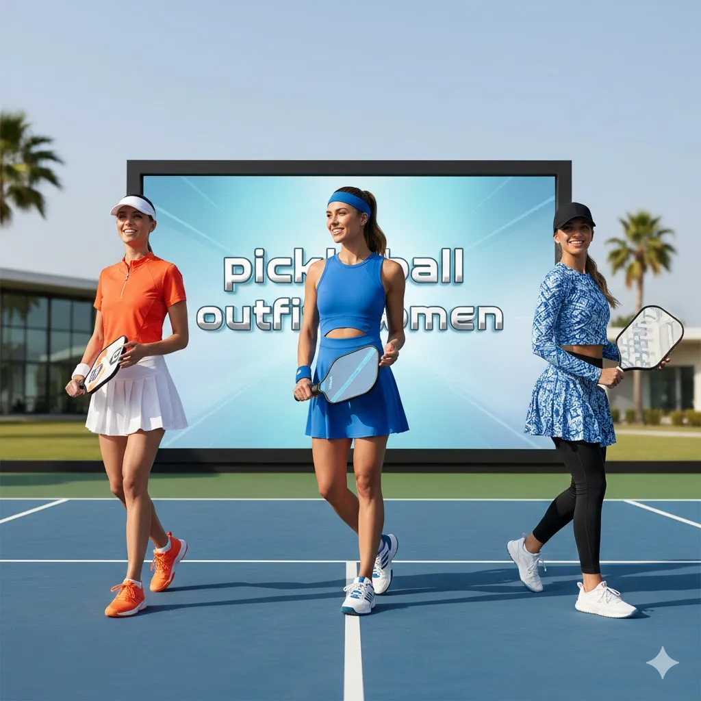 Three female players on a court showcasing different styles of a professional pickleball outfit women including athletic skirts, performance dresses, and layering options for 2026.