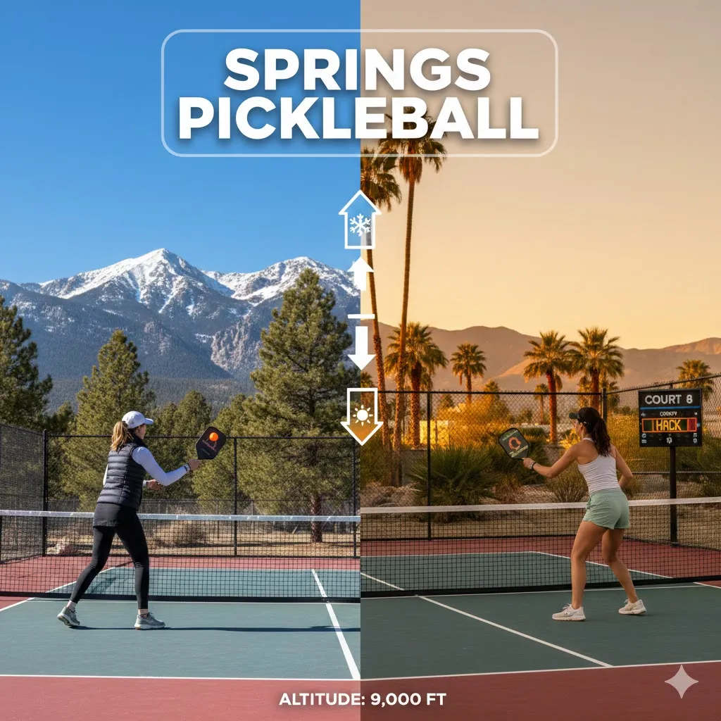 Springs Pickleball comparison showing altitude effects on game play in Colorado Springs and Palm Springs 8 indoor courts hack.