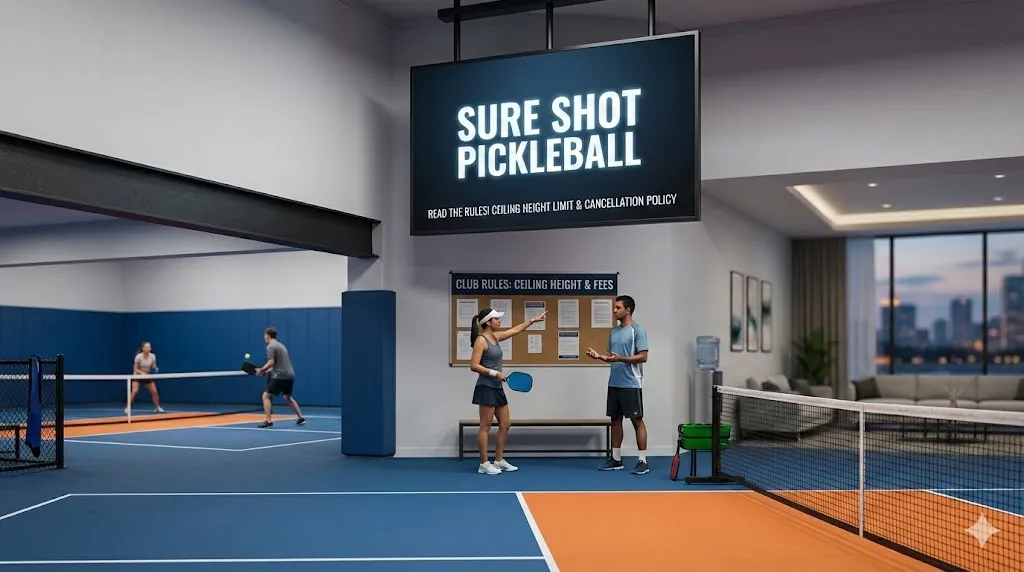 Interior view of Sure Shot Pickleball Naperville facility featuring professional indoor courts, a players lounge, and digital signage displaying ceiling height rules and cancellation policy