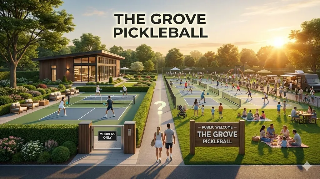 Split-screen comparison showing the contrast between the luxury members-only facilities and the open public courts at the grove pickleball locations