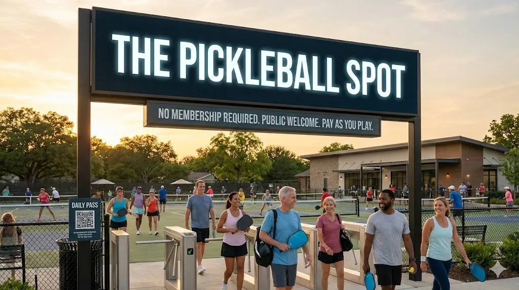 Players entering The Pickleball Spot Houston facility under a large entrance sign highlighting no membership required and pay as you play access