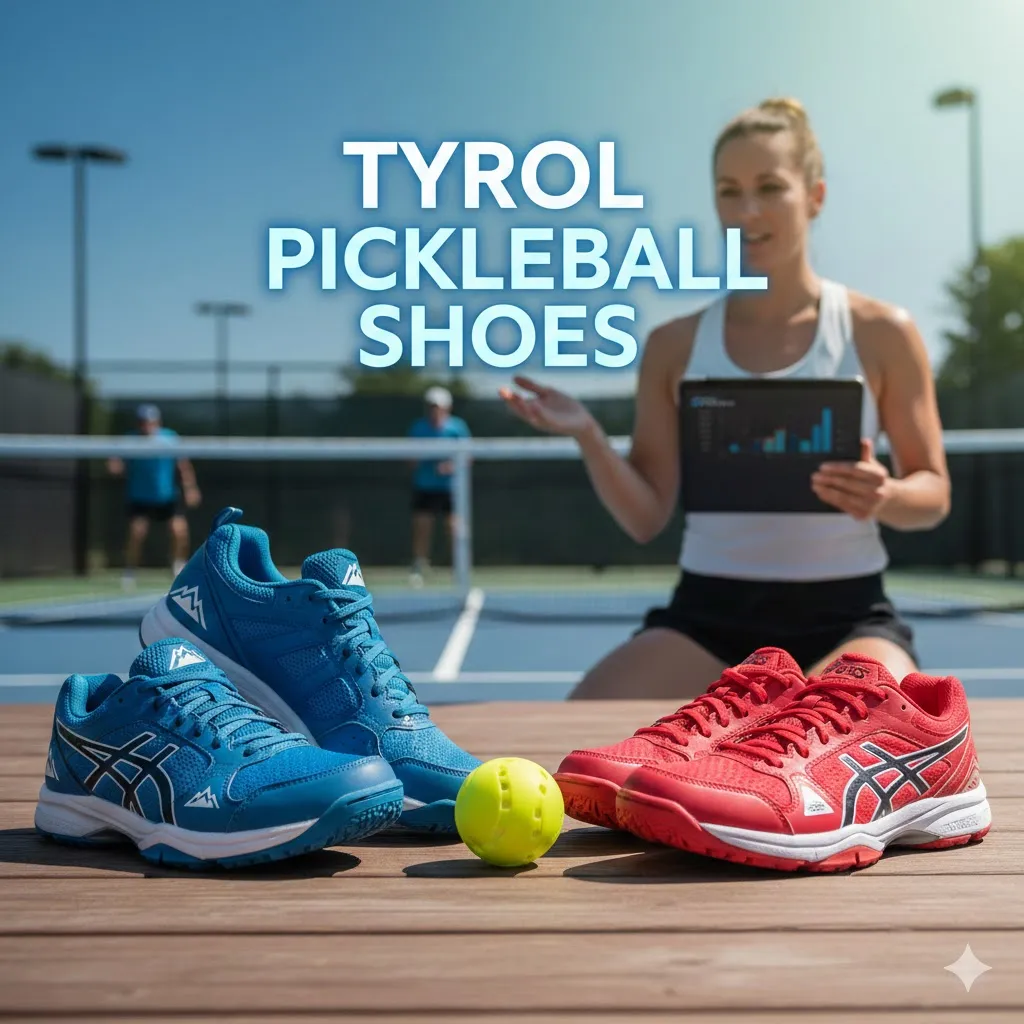 A pair of blue and red Tyrol pickleball shoes displayed on a court for a performance review and sizing guide.