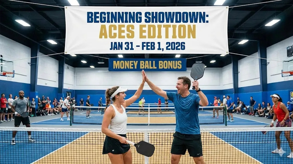 Excited players high-fiving under the official banner for the Beginning Showdown: Aces Edition pickleball tournament at Pickler Universe with Money Ball Bonus details