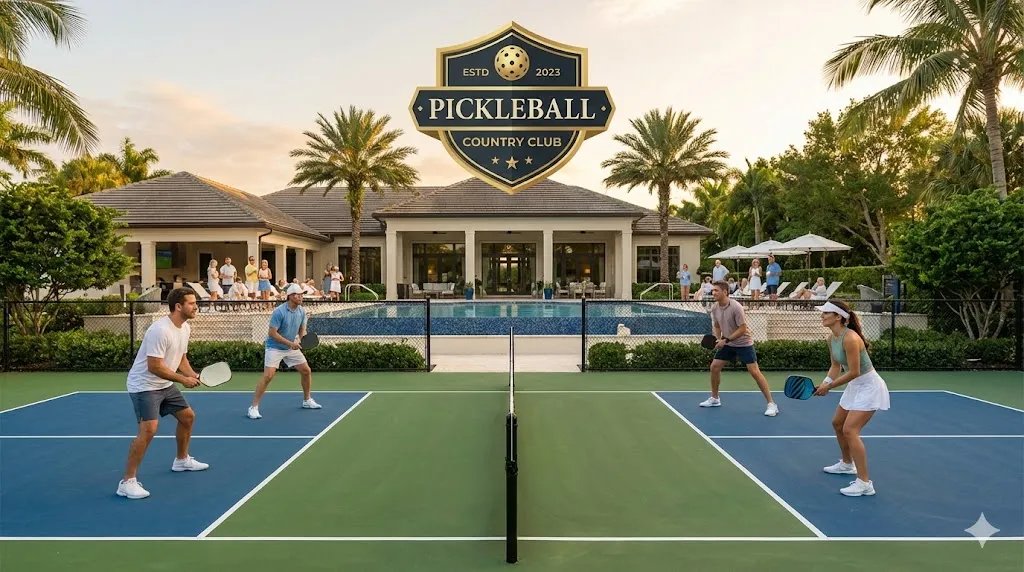 Active players competing in a doubles match at a luxury pickleball country club featuring a swimming pool and clubhouse amenities at sunset
