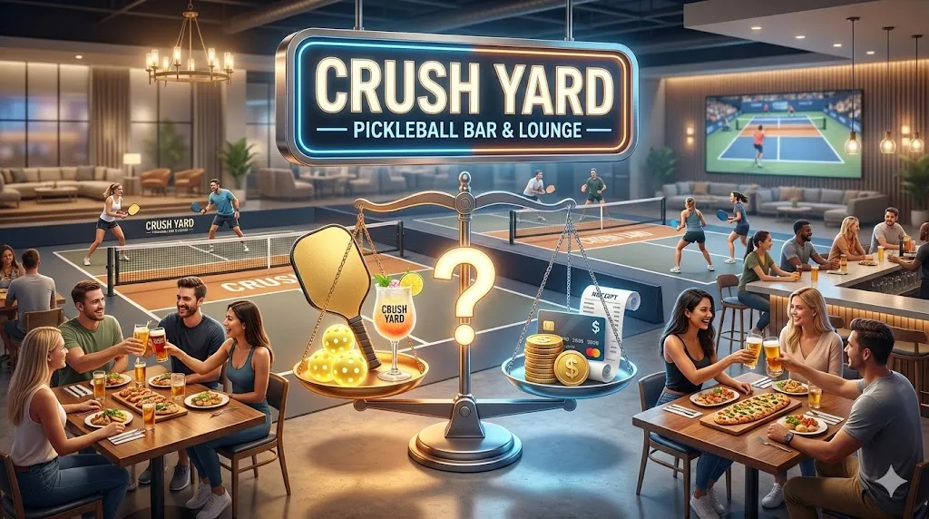A conceptual illustration inside Crush Yard - Pickleball Bar & Lounge showing a scale weighing the cost of membership and food against the value of the pickleball experience and drinks.