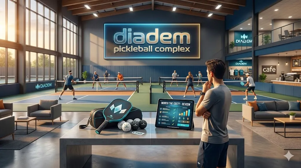 Interior view of the Diadem Pickleball Complex featuring climate-controlled indoor courts, a pro shop, and social lounge amenities