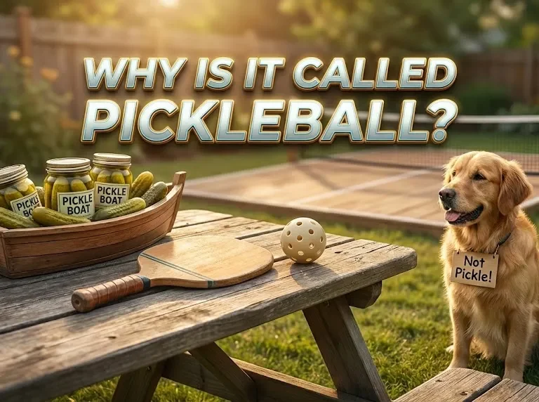 Golden retriever with a 'Not Pickle' sign and a wooden boat symbolizing the origin story of why is it called pickleball in a backyard court.