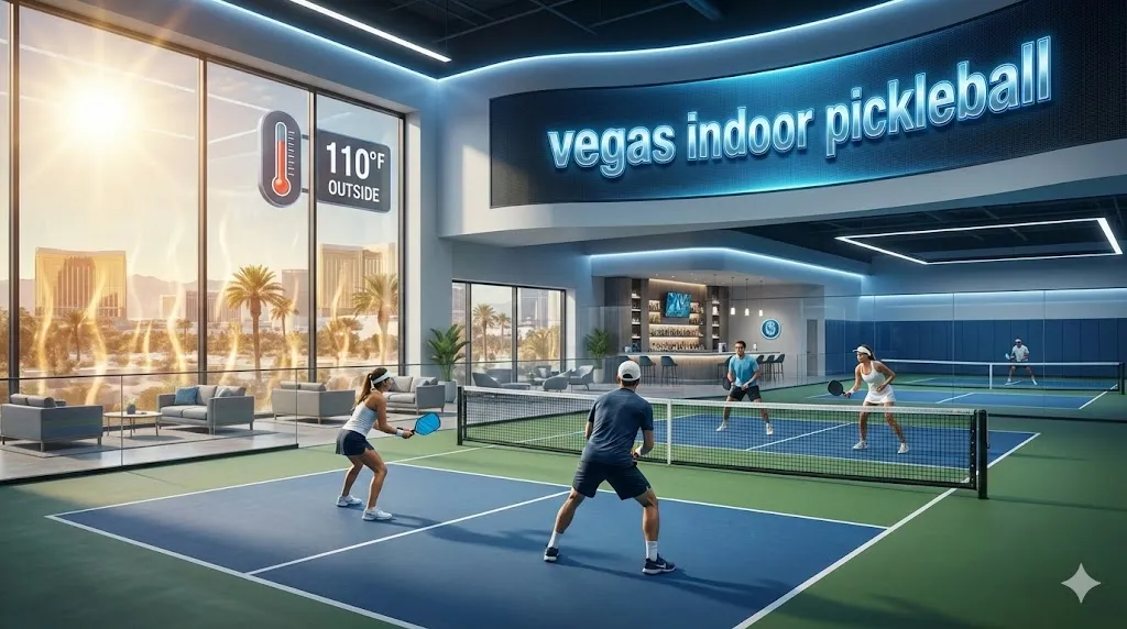 Players enjoying a match at a climate-controlled vegas indoor pickleball facility featuring a lounge area and bar, with large windows showcasing the hot Las Vegas Strip outside.