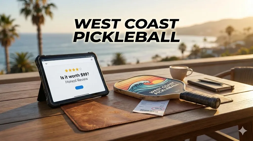 Tablet displaying an honest review of West Coast Pickleball membership costs next to a paddle and a receipt showing the 99 dollar monthly fee