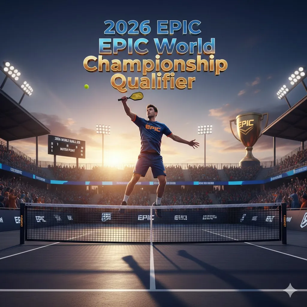 A professional pickleball player performing a jumping smash during the 2026 EPIC World Championship Qualifier at a packed stadium in Thailand, featuring the official tournament trophy and branding.