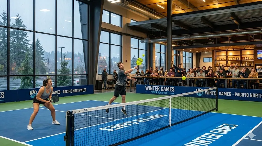 Action shot of a mixed doubles match at the 23 Kitchens Winter Games in Lacey WA showing players on a blue hardcourt with spectators dining in the background overlooking the indoor facility