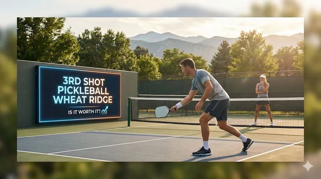 Male player hitting a ball at the 3rd shot pickleball wheat ridge indoor facility with a review sign asking if the membership cost is worth it